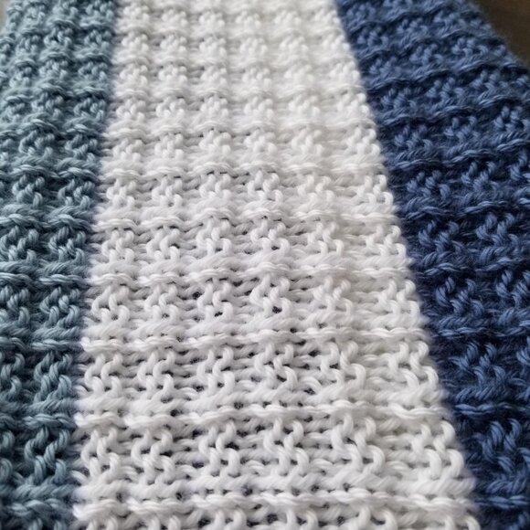 Hand Knit Baby Blanket - Waffle Pattern - Blue and White Stripe - Picture 4 of 8